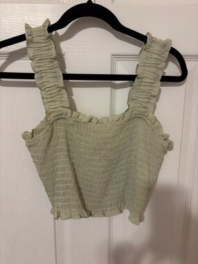 Blu Pepper Sage Green Smocked Ruffle Strap Crop Top NWT